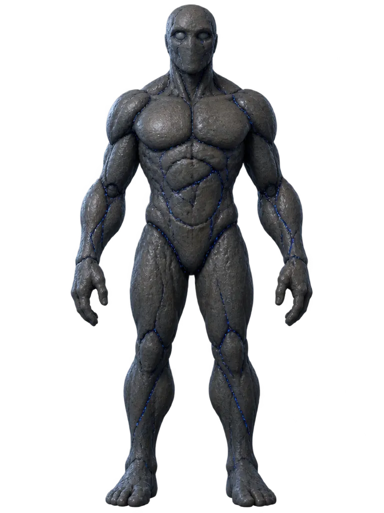 Golem berdiri tegak dilihat dari depan, dipakai untuk menunjukkan tanah di lengan, dada, dan kaki.