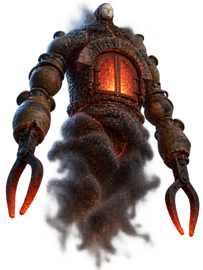 Mother Kiln, homunculus raksasa dari bata hangus, dadanya pintu tungku yang membara merah, tangannya penjepit besi.