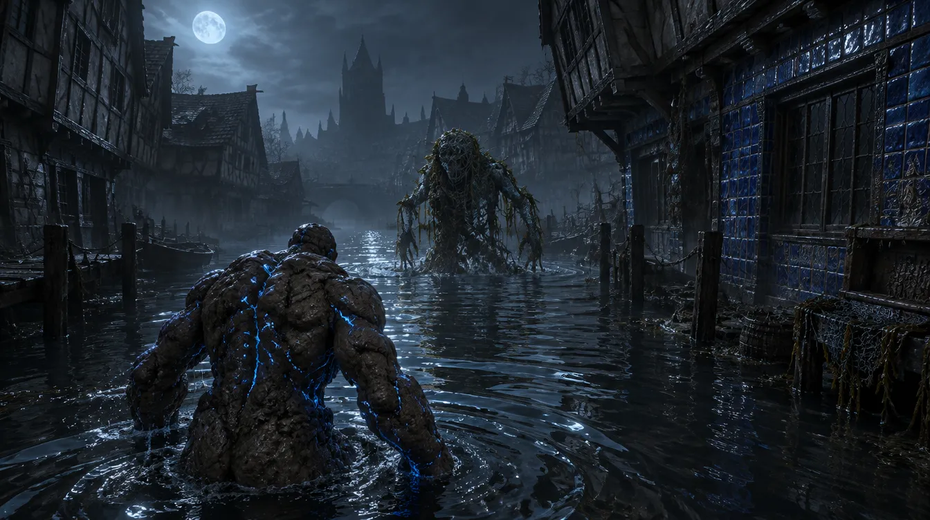 Golem mengarungi kanal banjir menuju homunculus dari jaring dan rumput sungai.